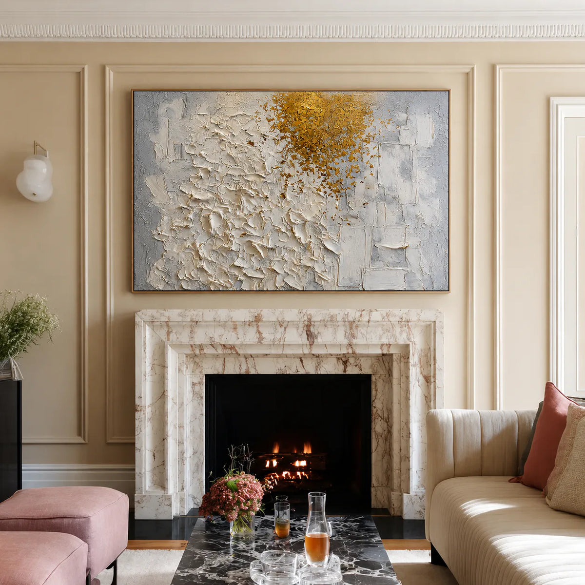Golden Drift White Textured Wall Art styled interior scene 5 | Olyrel