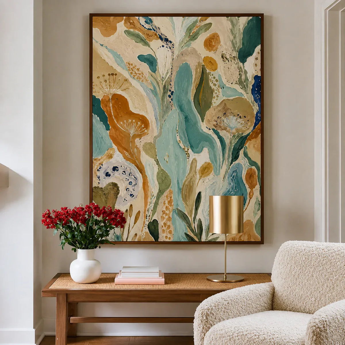 Amber Garden Botanical Abstract Wall Art styled interior scene 2 | Olyrel