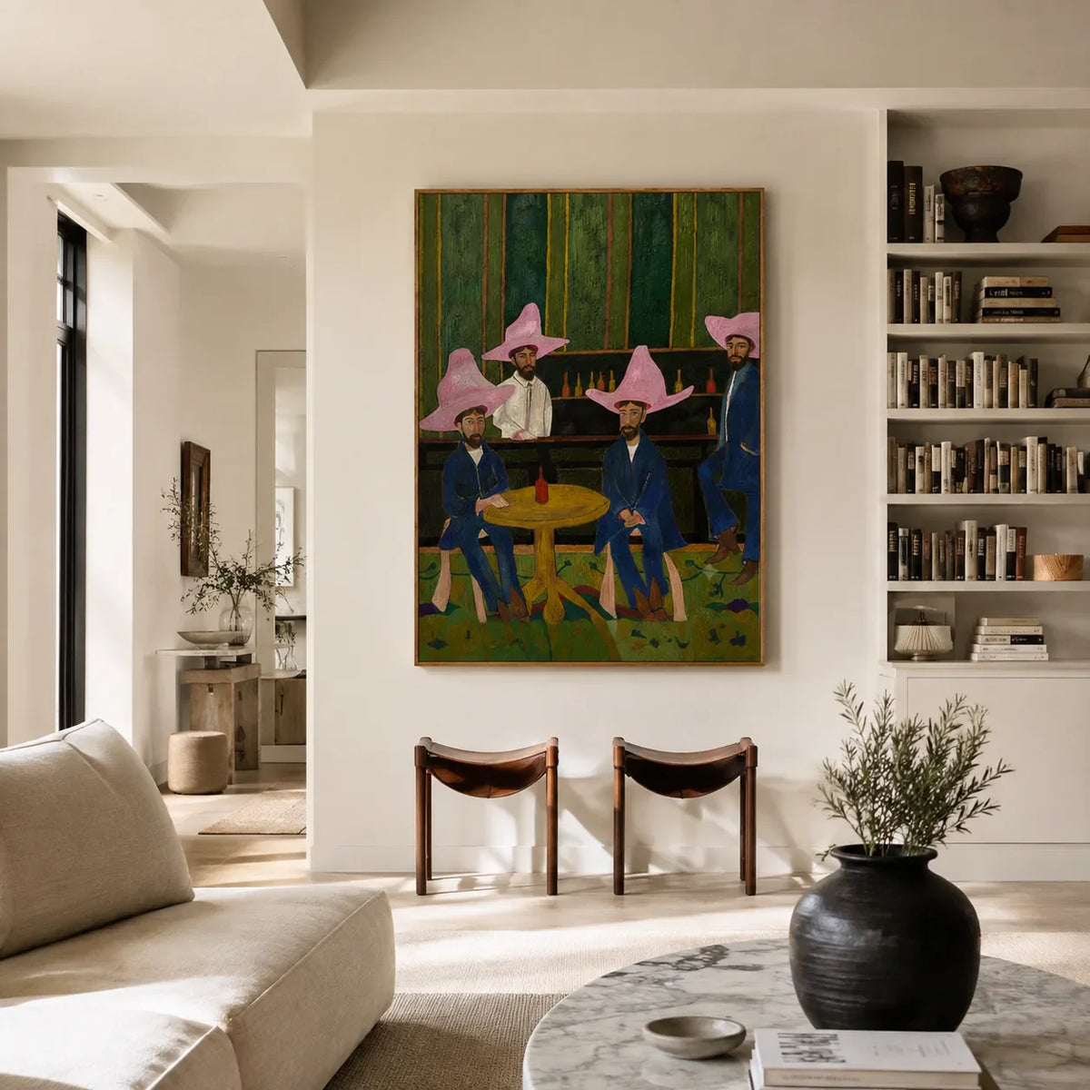 Pink Hat Cowboys Card Game Wall Art styled interior scene 4 | Olyrel