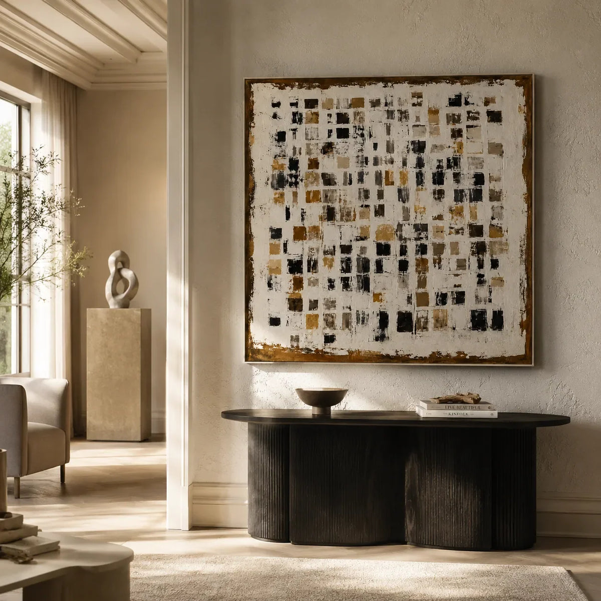 Amber Mosaic Abstract Wall Art styled in a modern living room | Olyrel