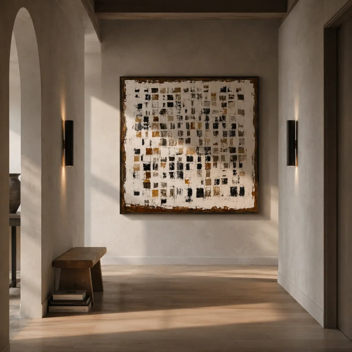 Amber Mosaic Abstract Wall Art styled in a contemporary entryway | Olyrel