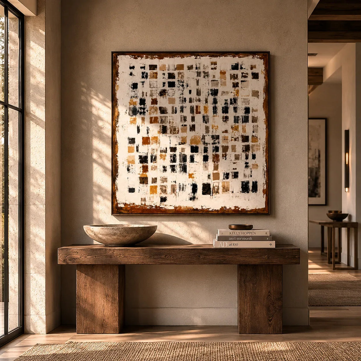 Amber Mosaic Abstract Wall Art shown in a quiet home office | Olyrel