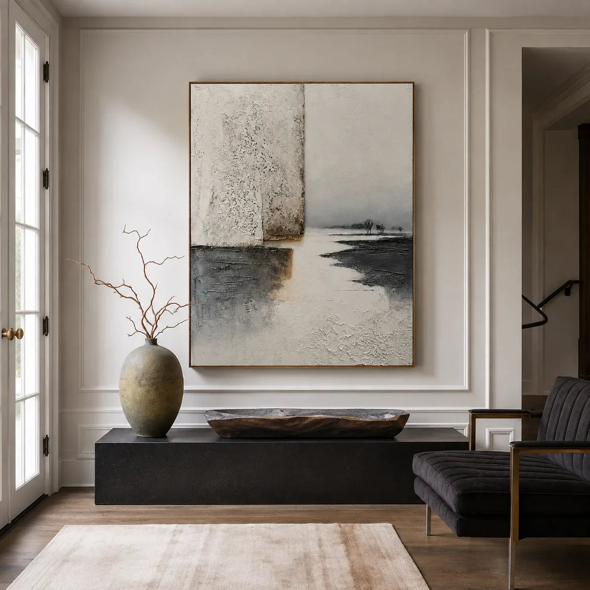 Silent Shore Neutral Abstract Wall Art styled interior scene 2 | Olyrel