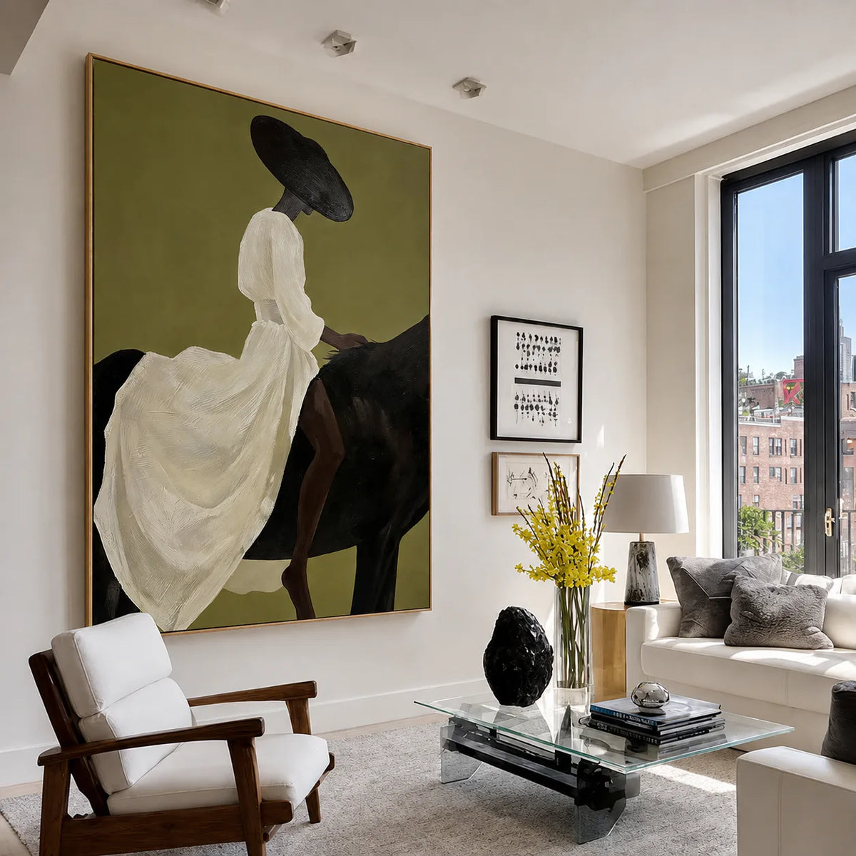 Lady in White on Black Horse Wall Art styled interior scene 1 | Olyrel