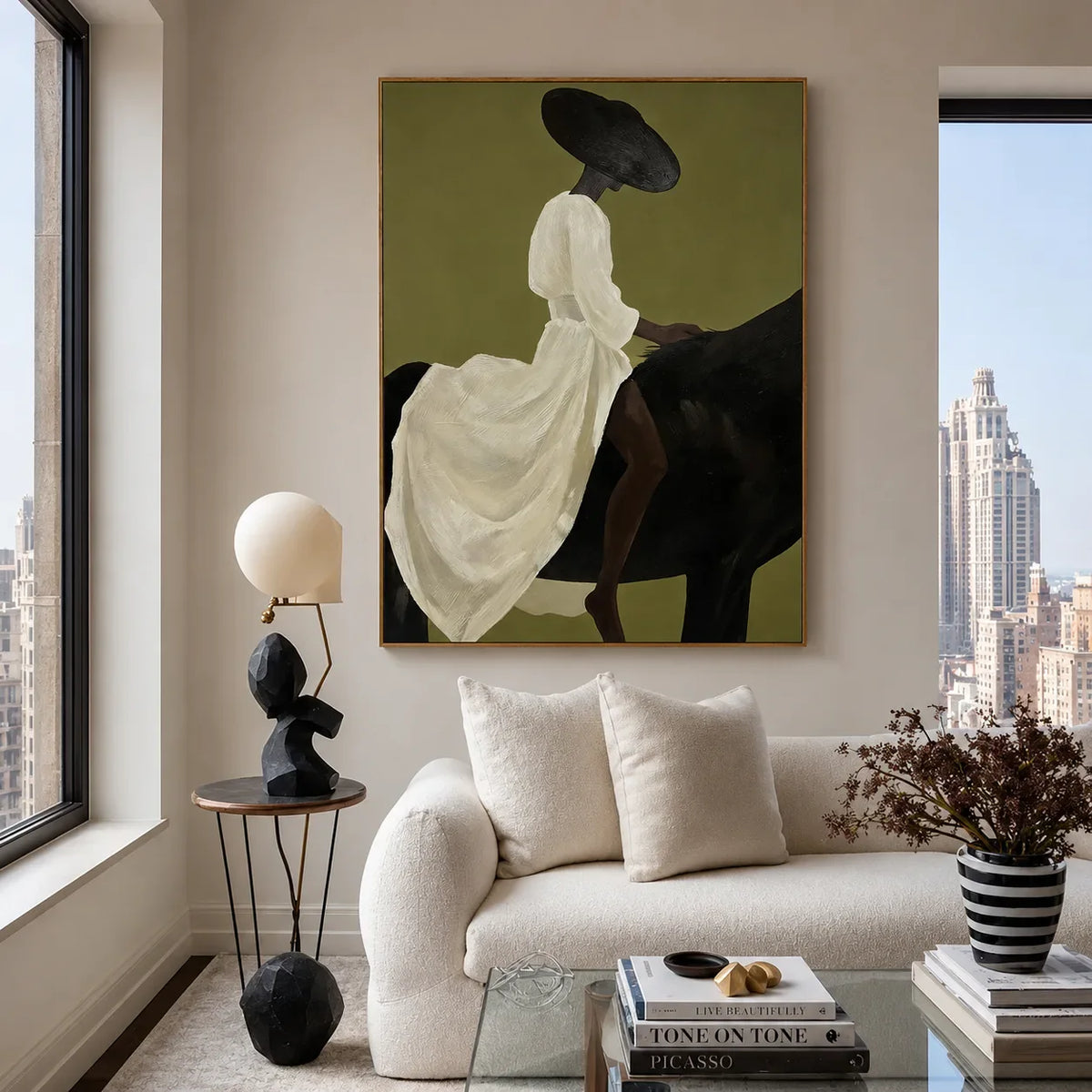 Lady in White on Black Horse Wall Art styled interior scene 2 | Olyrel