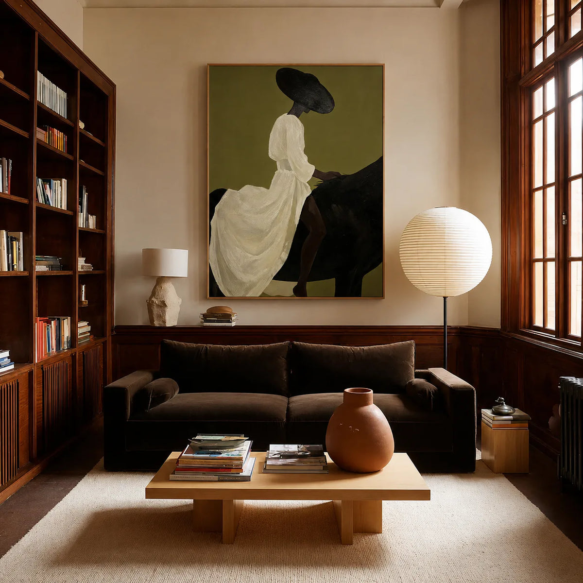 Lady in White on Black Horse Wall Art styled interior scene 4 | Olyrel