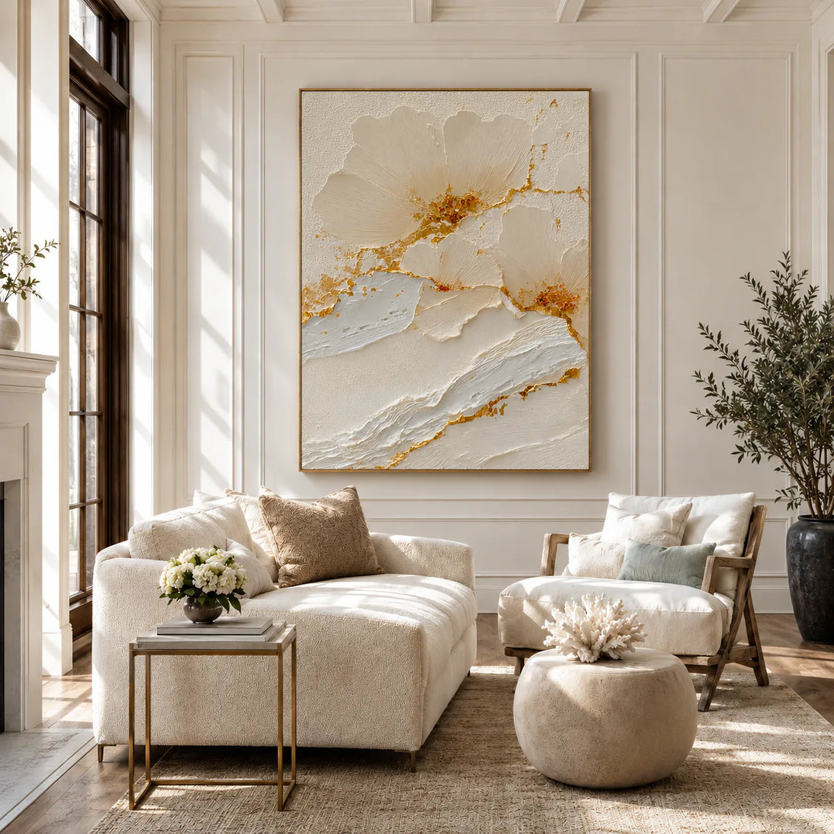 Gilded Petals White Relief Wall Art styled interior scene 4 | Olyrel