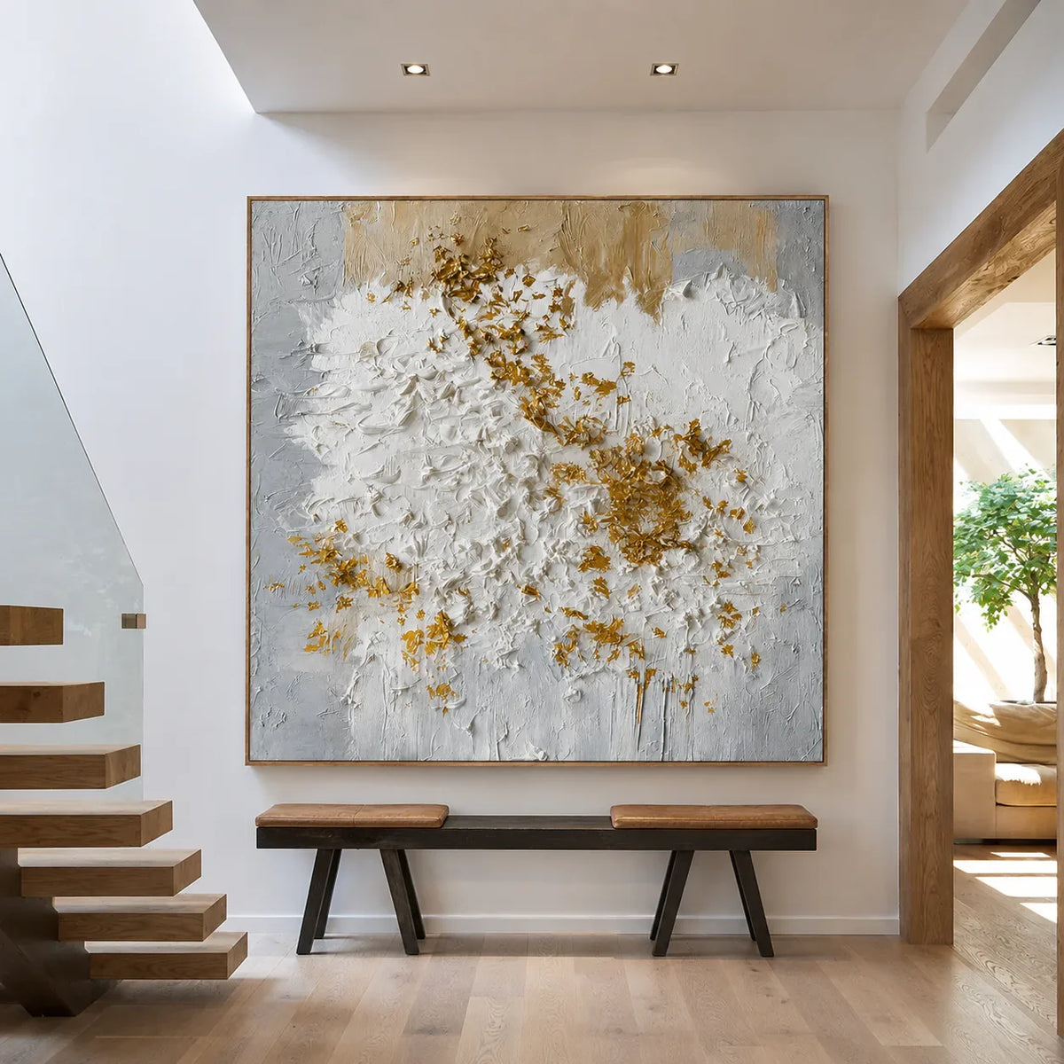 Golden Blossom White Textured Wall Art styled interior scene 1 | Olyrel