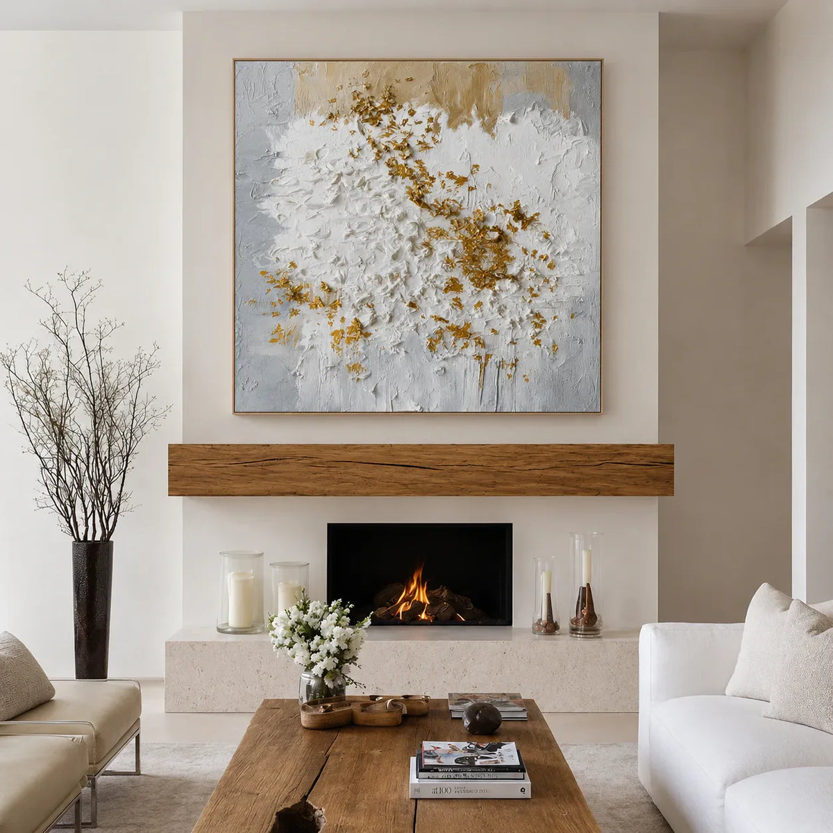 Golden Blossom White Textured Wall Art styled interior scene 2 | Olyrel