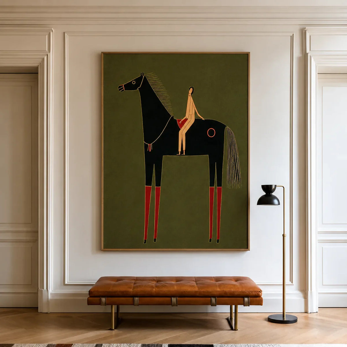 Olive Horse and Rider Folk Wall Art styled interior scene 1 | Olyrel