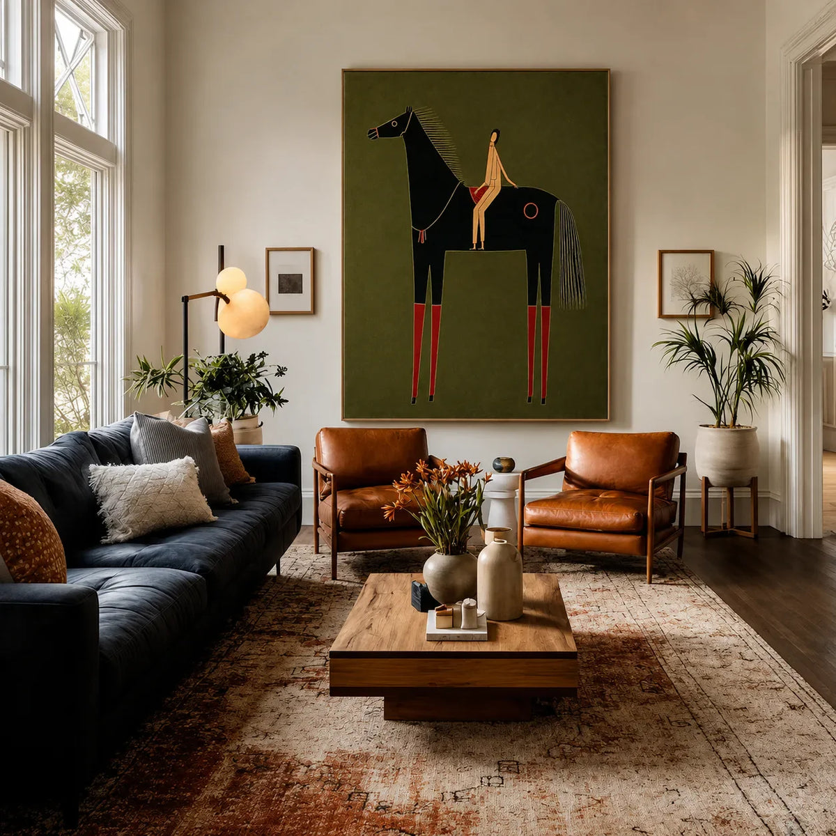 Olive Horse and Rider Folk Wall Art styled interior scene 2 | Olyrel