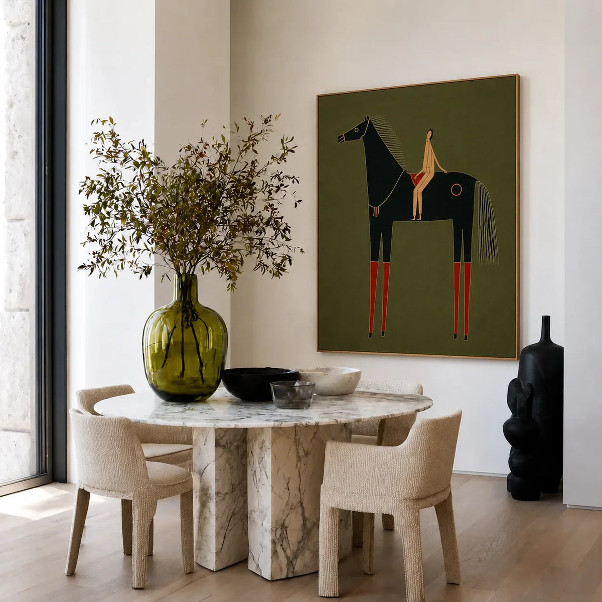 Olive Horse and Rider Folk Wall Art styled interior scene 3 | Olyrel