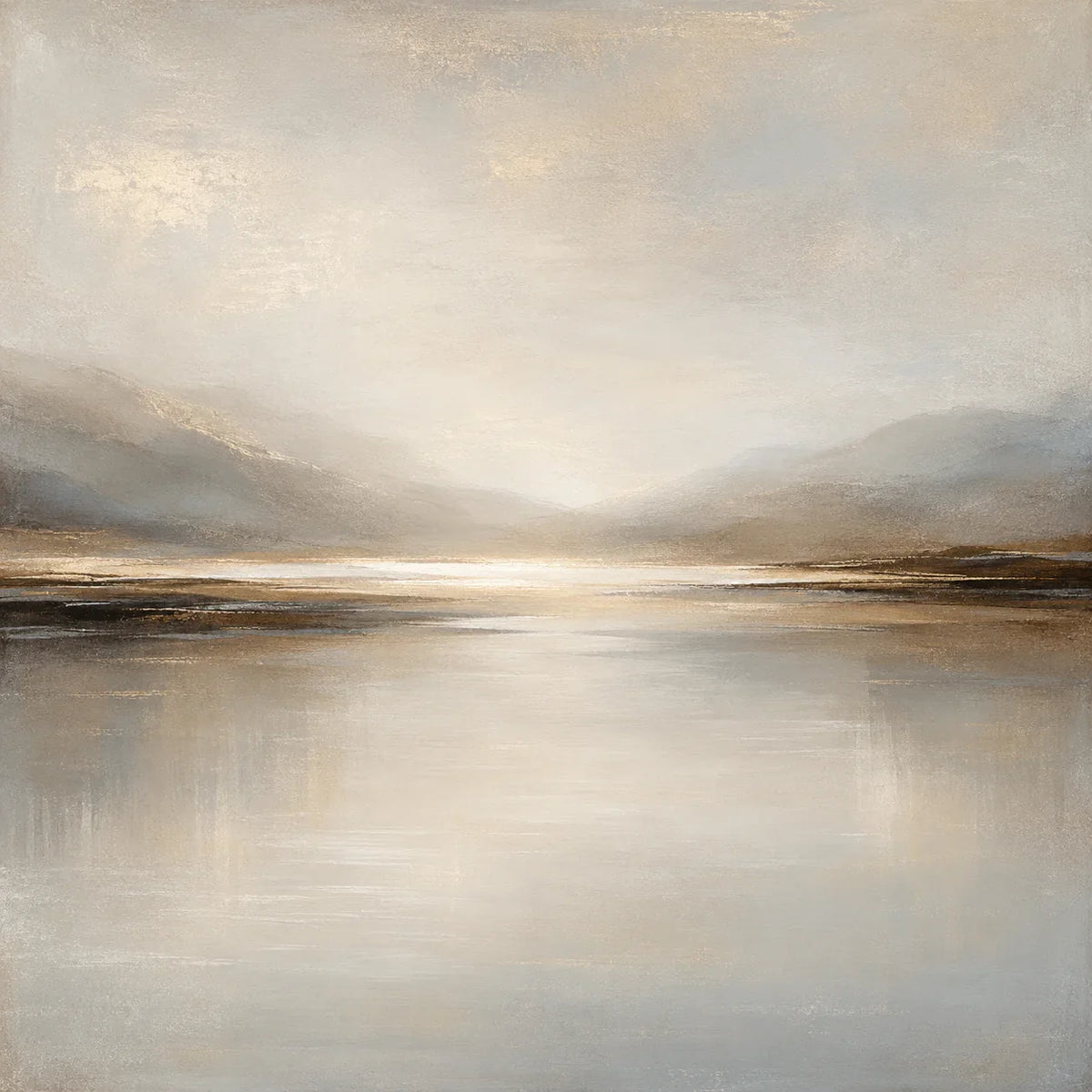 Luminous Gold Horizon and Misty Mountains Wall Art artwork view | Olyrel