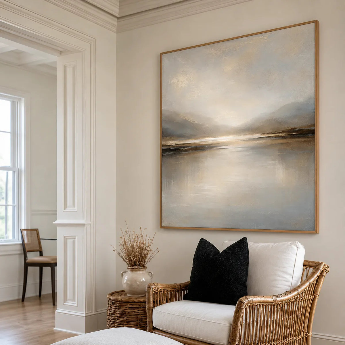Luminous Gold Horizon and Misty Mountains Wall Art styled interior scene 1 | Olyrel