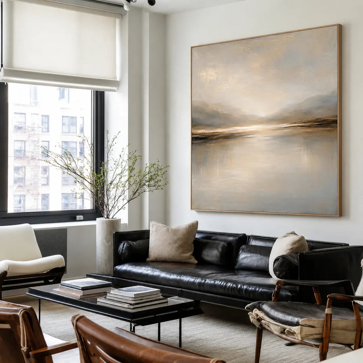 Luminous Gold Horizon and Misty Mountains Wall Art styled interior scene 2 | Olyrel