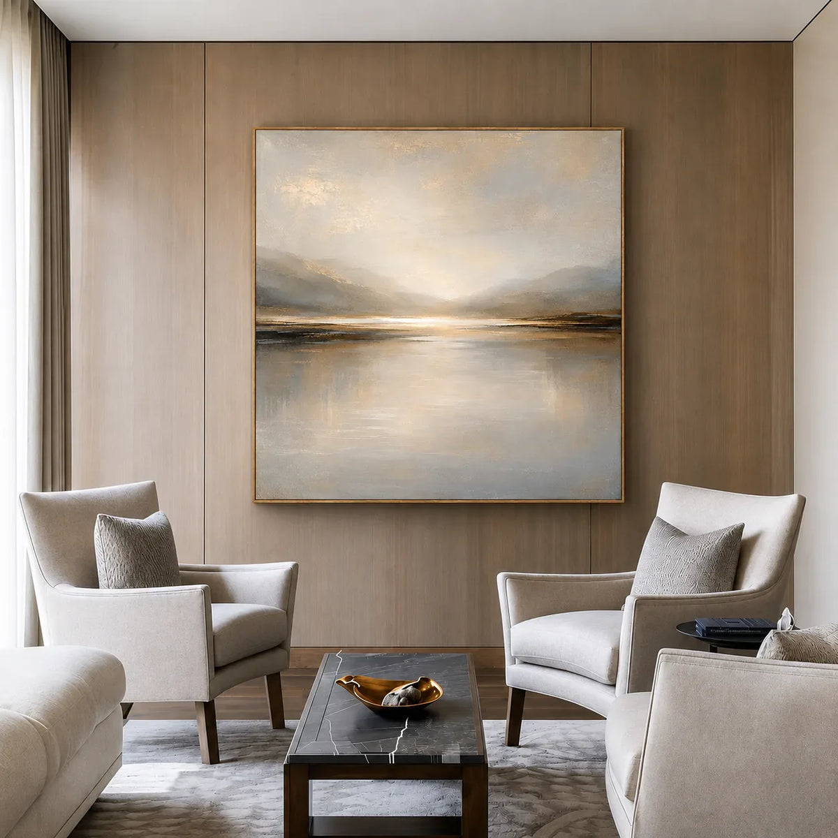 Luminous Gold Horizon and Misty Mountains Wall Art styled interior scene 3 | Olyrel