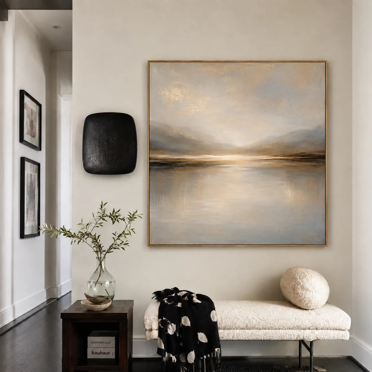 Luminous Gold Horizon and Misty Mountains Wall Art styled interior scene 4 | Olyrel