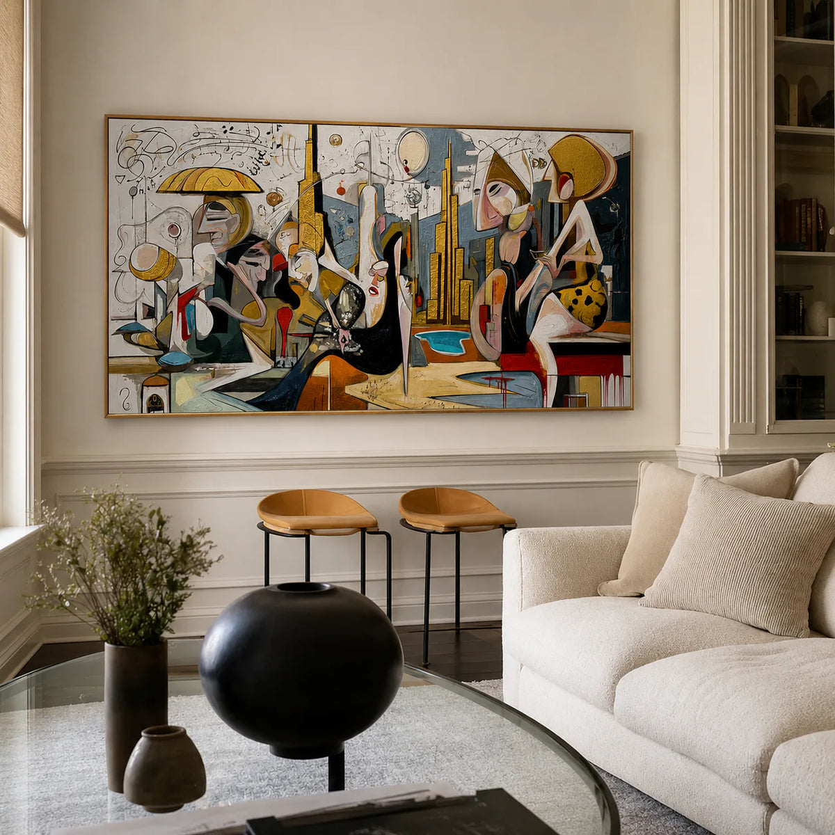 Lively Gathering Panoramic Wall Art styled interior scene 1 | Olyrel