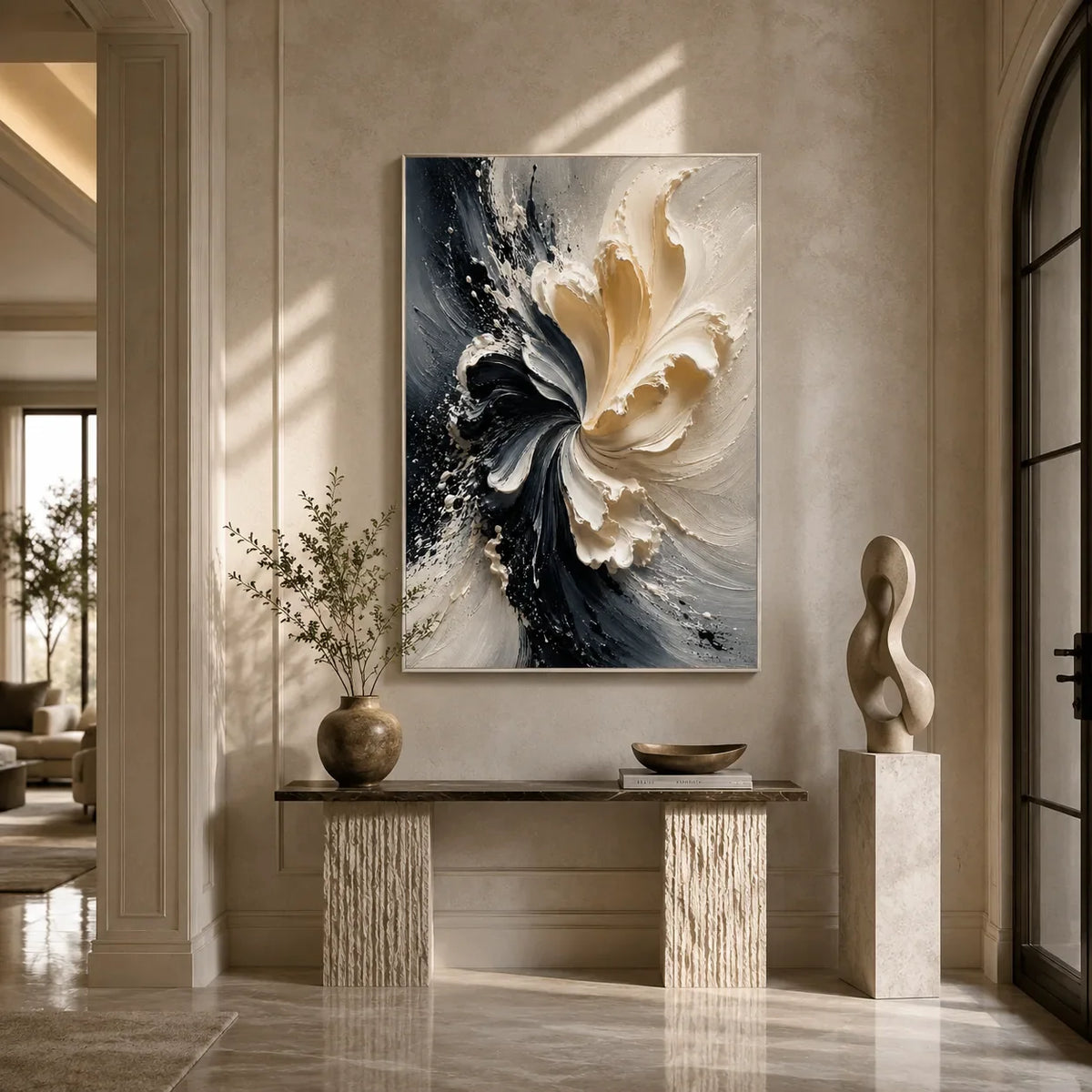 Ivory Bloom Textured Wall Art shown in a calm bedroom setting | Olyrel