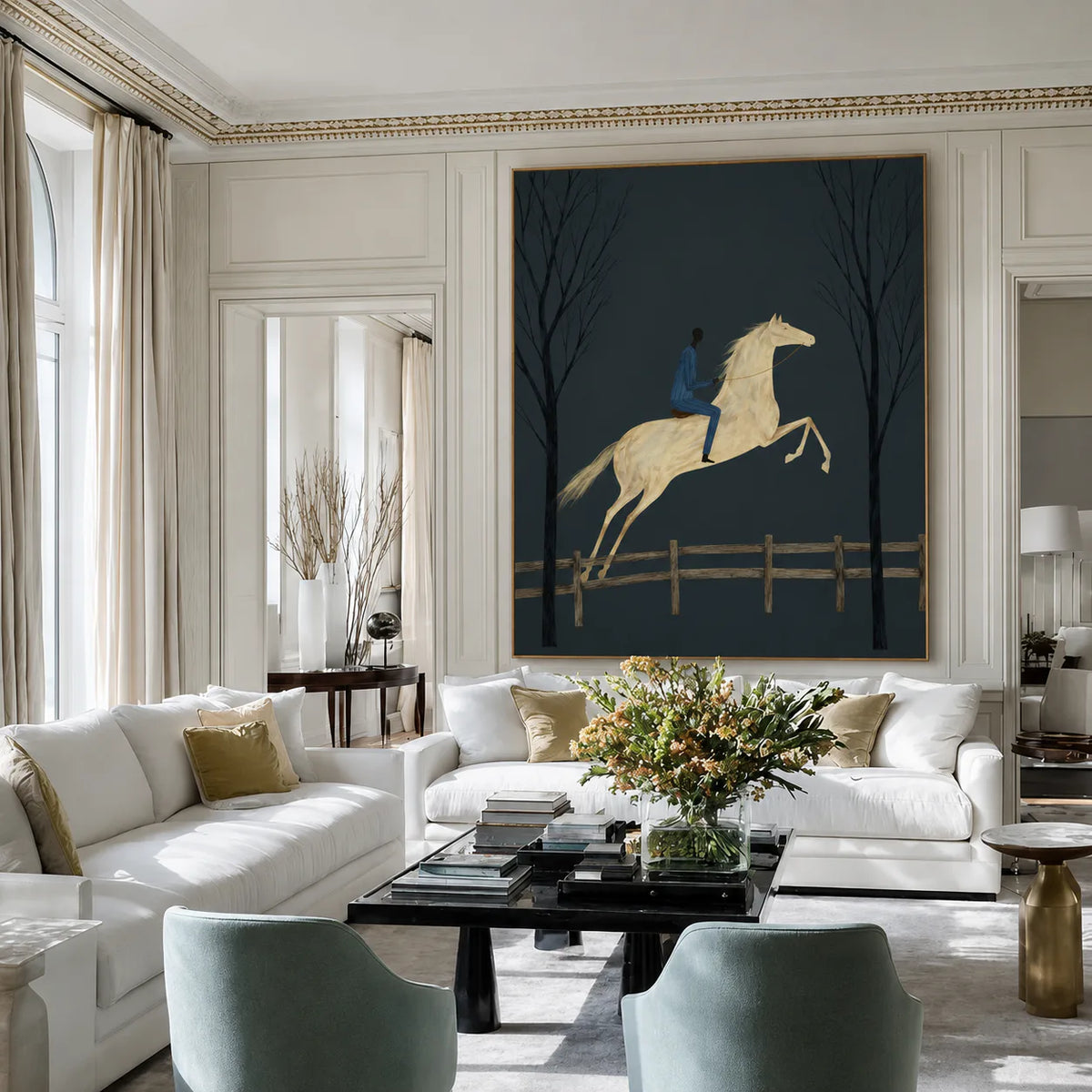 Midnight Rider White Horse Wall Art styled interior scene 2 | Olyrel