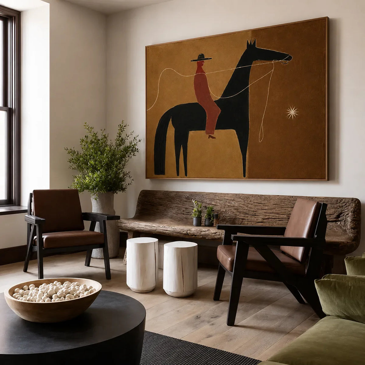Ochre Trail Rider Folk Wall Art styled interior scene 4 | Olyrel