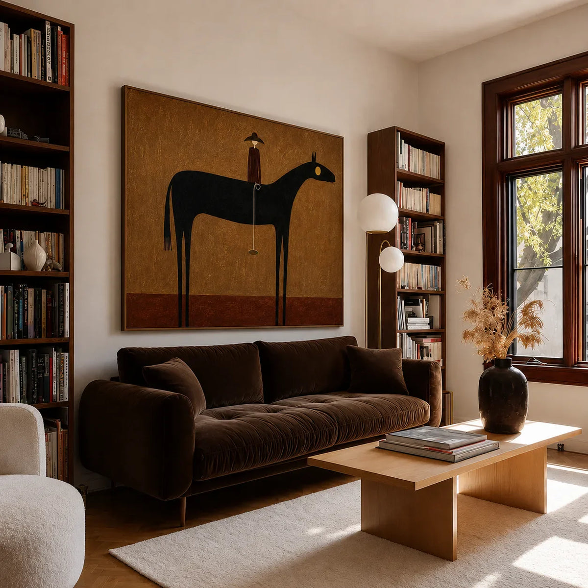 Still Horizon Black Horse Folk Wall Art styled interior scene 1 | Olyrel