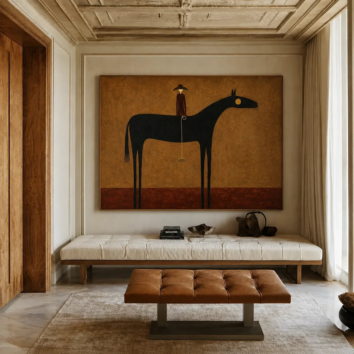 Still Horizon Black Horse Folk Wall Art styled interior scene 2 | Olyrel