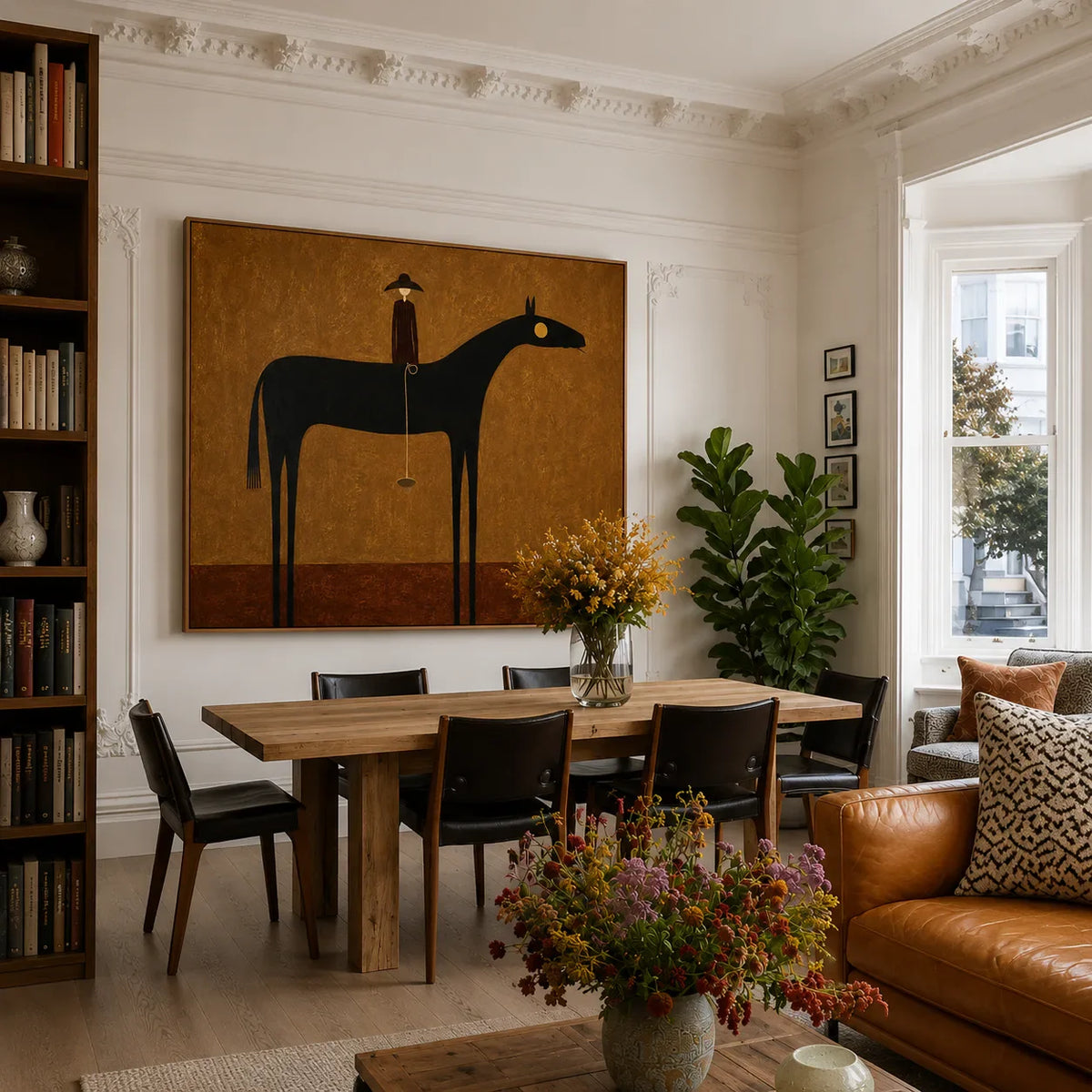 Still Horizon Black Horse Folk Wall Art styled interior scene 3 | Olyrel