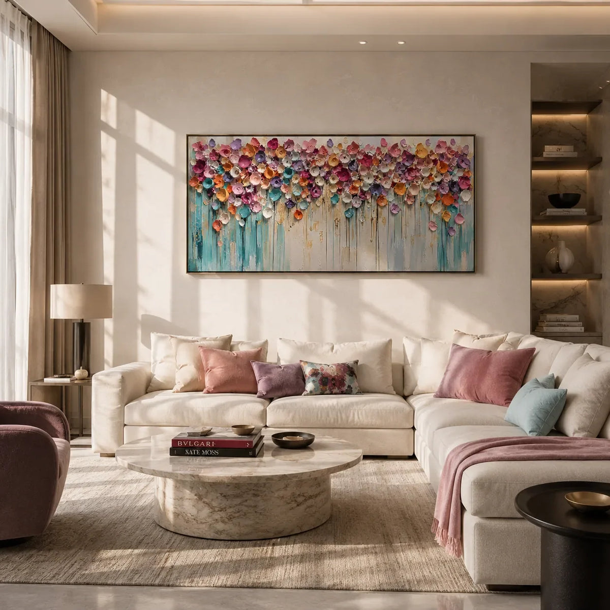 Bloom Cascade Floral Wall Art displayed above a sofa in a neutral interior | Olyrel