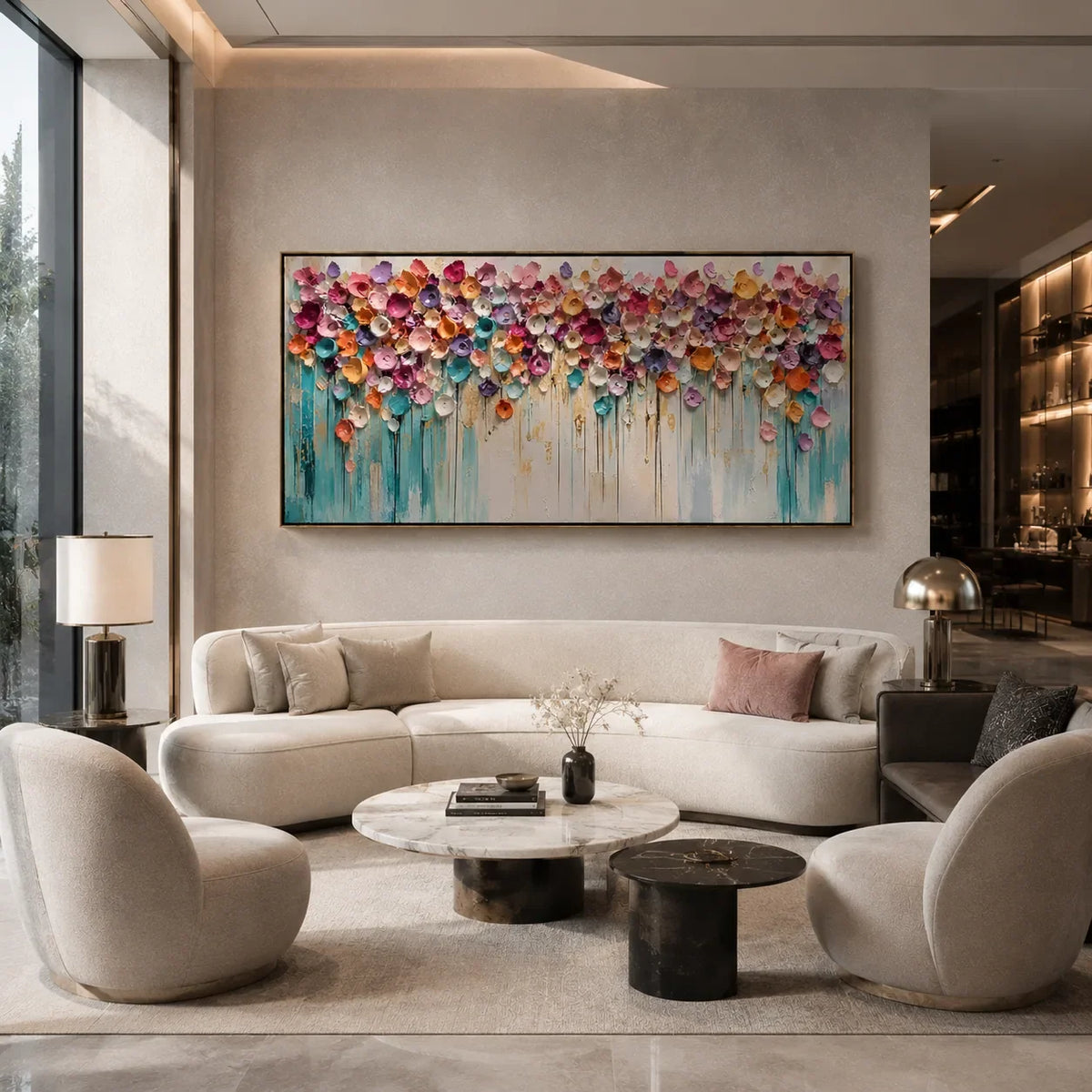 Bloom Cascade Floral Wall Art displayed in a bright dining room | Olyrel