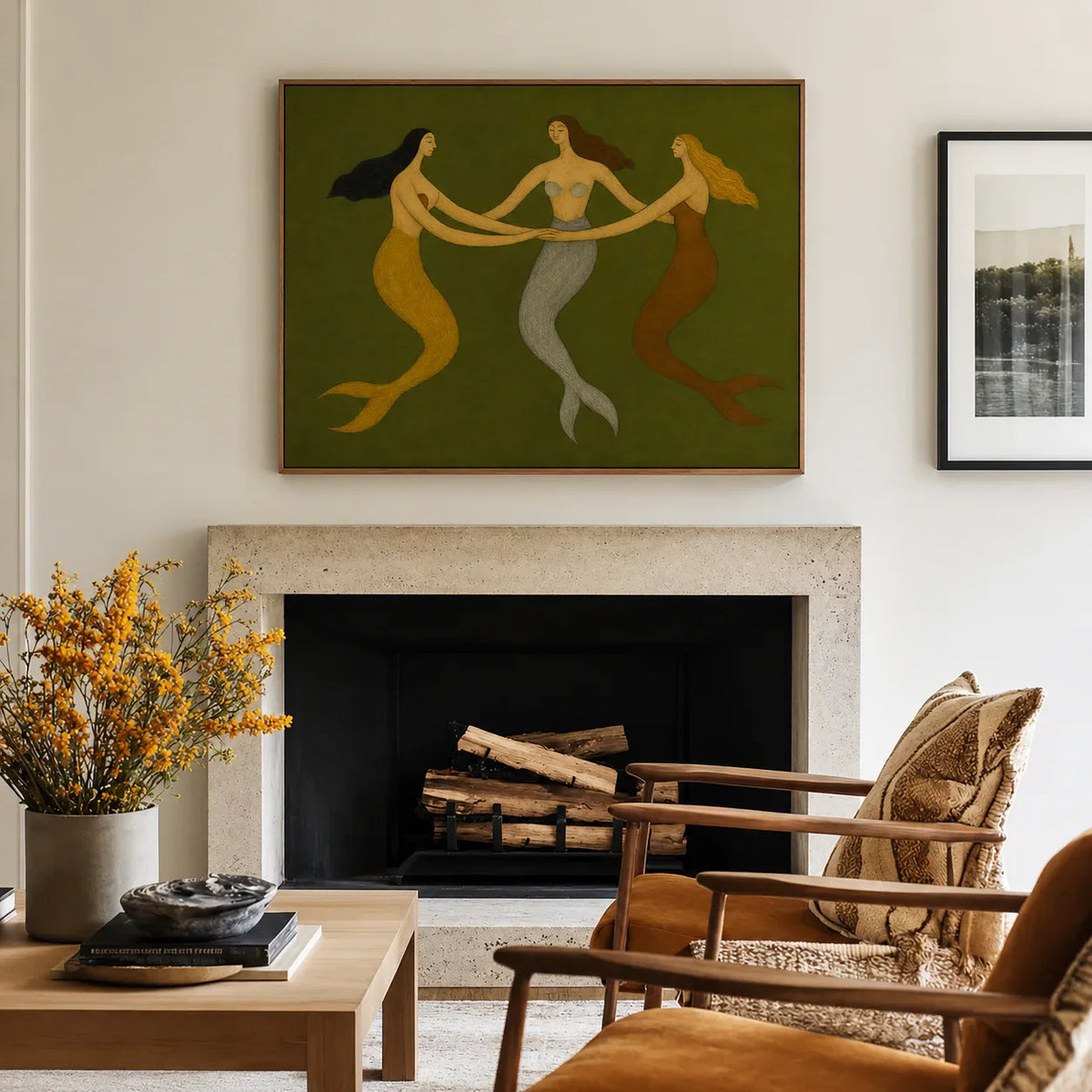 Three Graces Olive Folk Wall Art styled interior scene 5 | Olyrel
