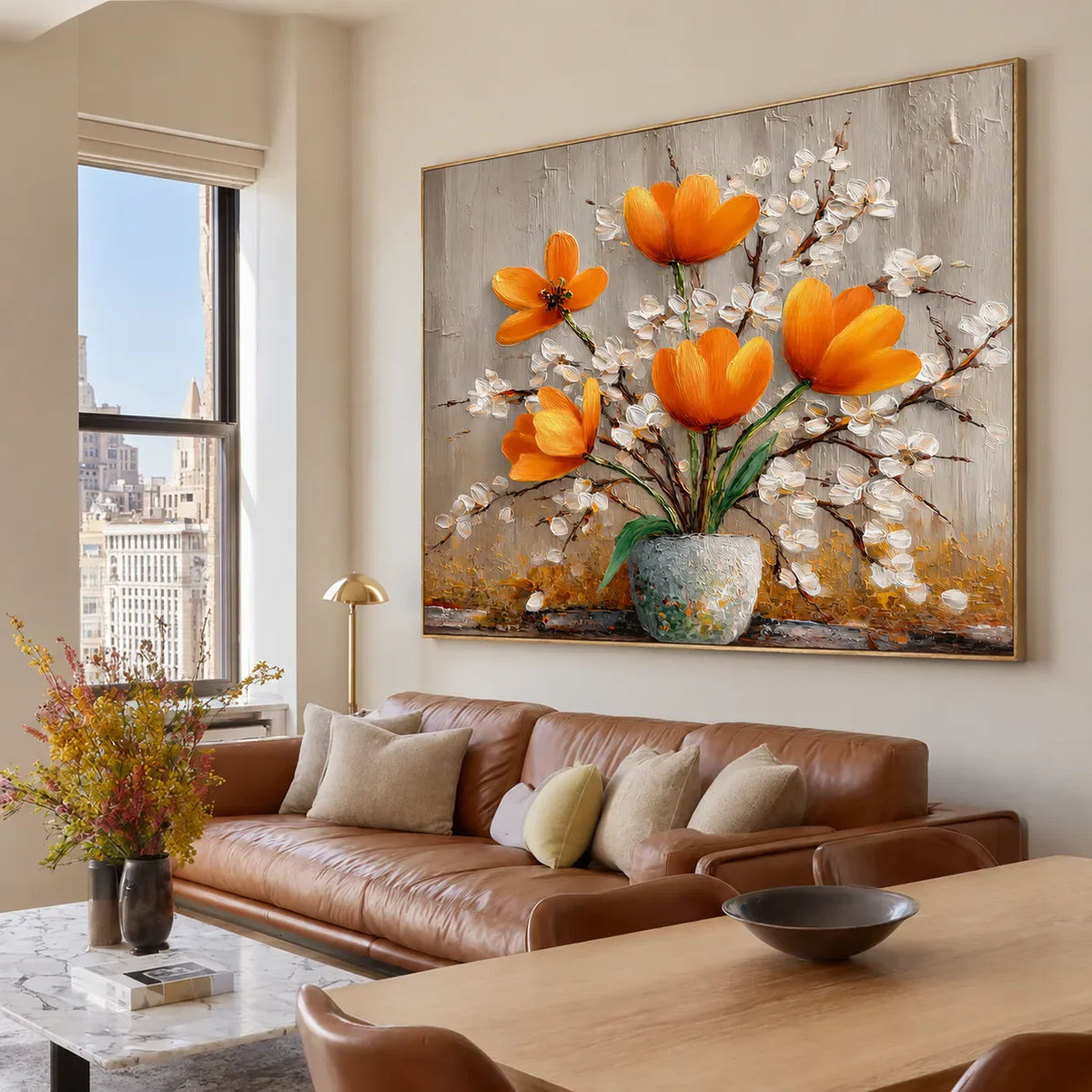 Amber Poppies Textured Floral Wall Art styled interior scene 1 | Olyrel