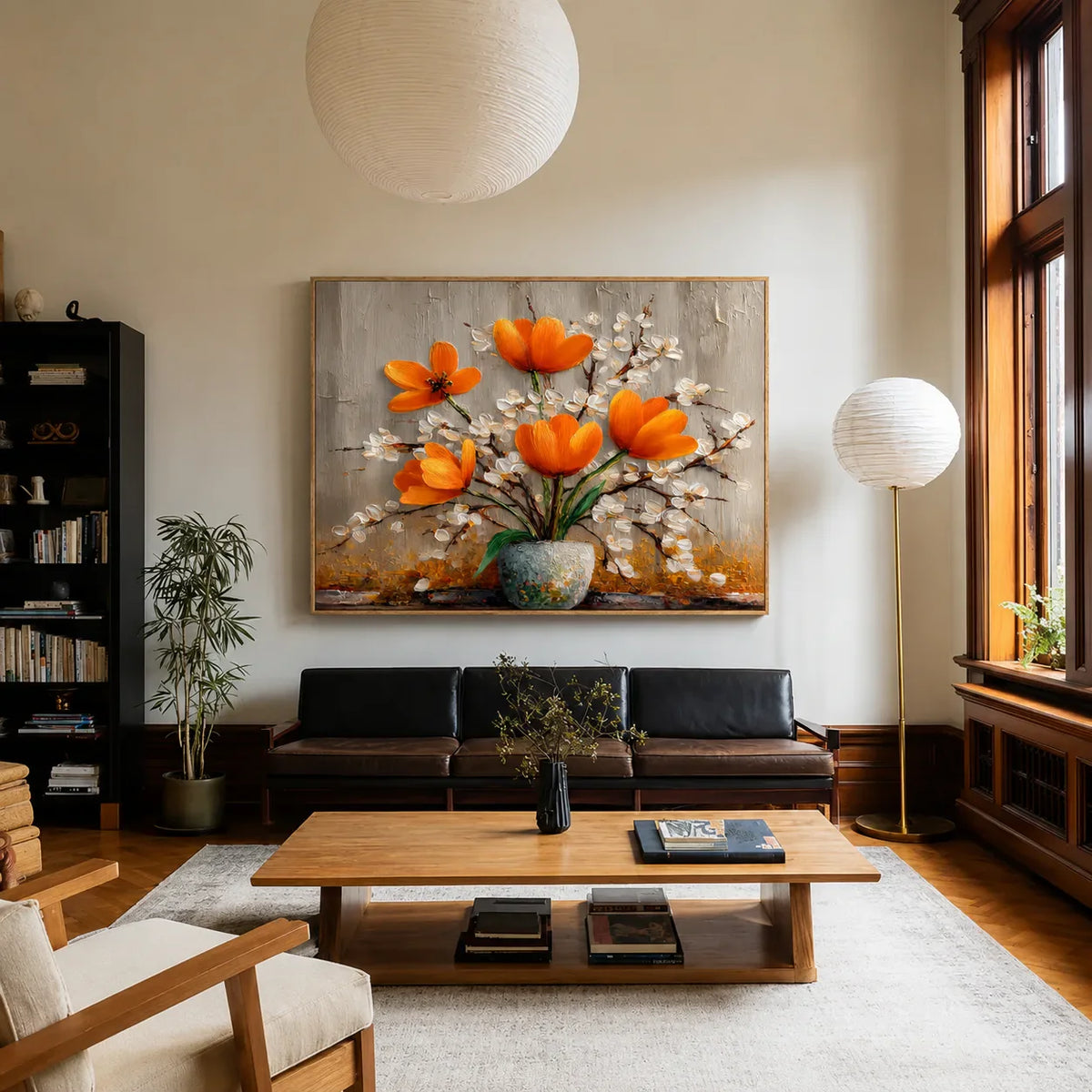 Amber Poppies Textured Floral Wall Art styled interior scene 4 | Olyrel