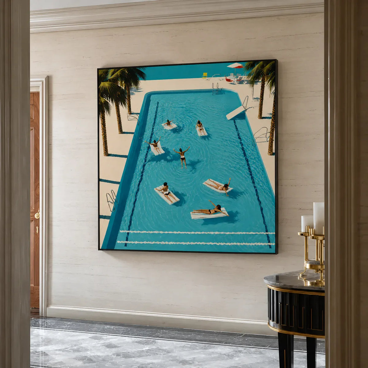 Poolside Leisure Aerial Wall Art styled interior scene 2 | Olyrel