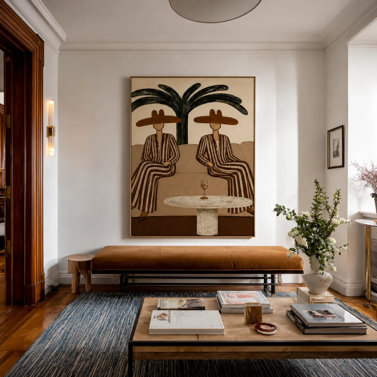 Palm Shade Conversation Folk Wall Art styled interior scene 1 | Olyrel