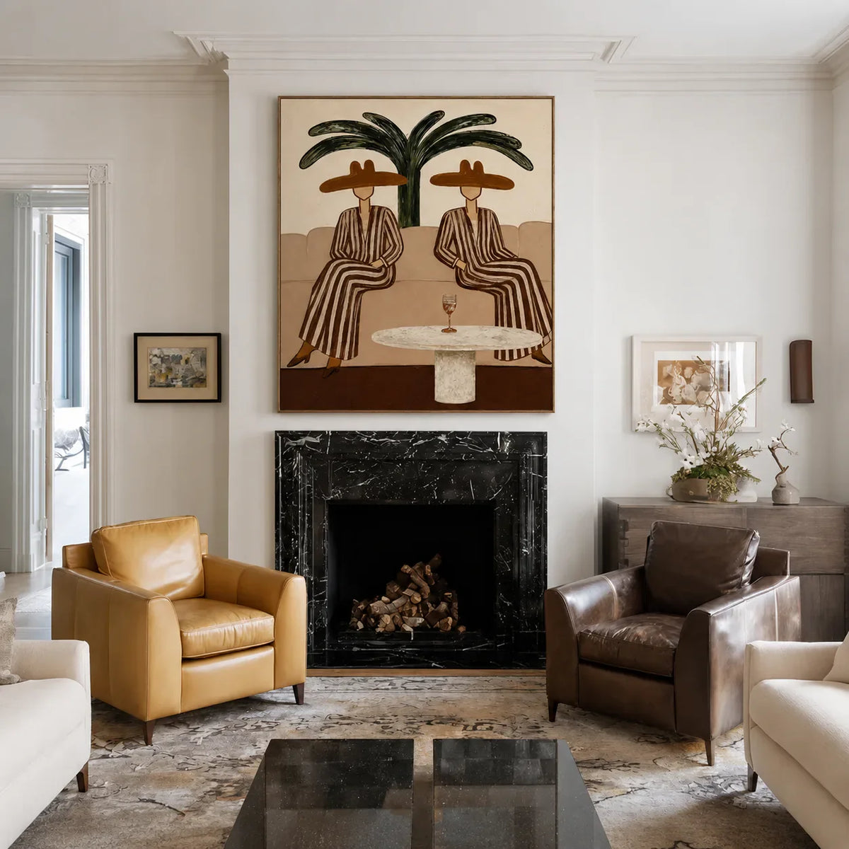 Palm Shade Conversation Folk Wall Art styled interior scene 3 | Olyrel