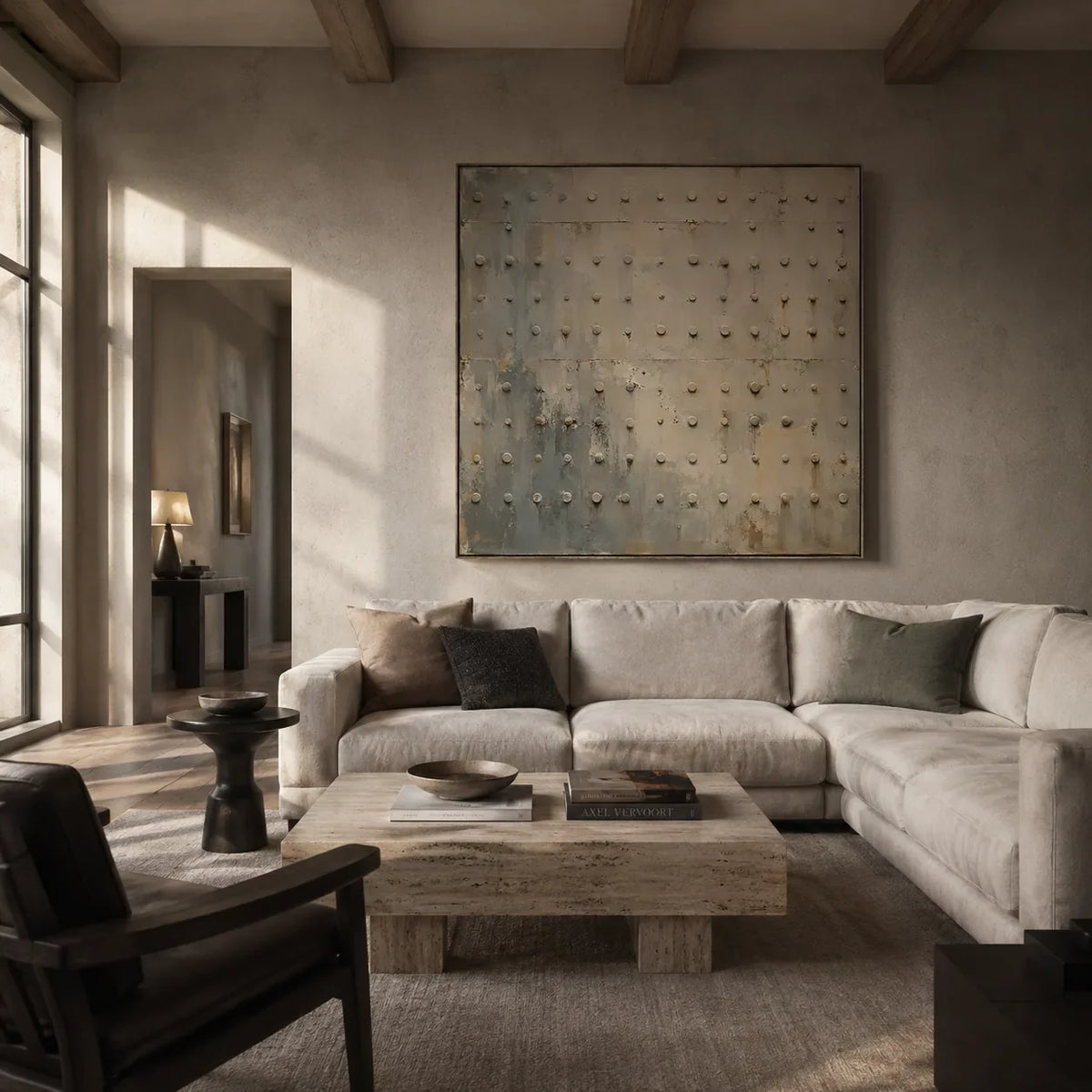 Rivet Grid Textured Wall Art styled in a modern living room | Olyrel
