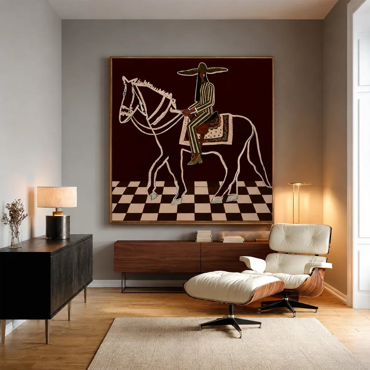 Checkered Trail Horse Rider Folk Wall Art styled interior scene 1 | Olyrel