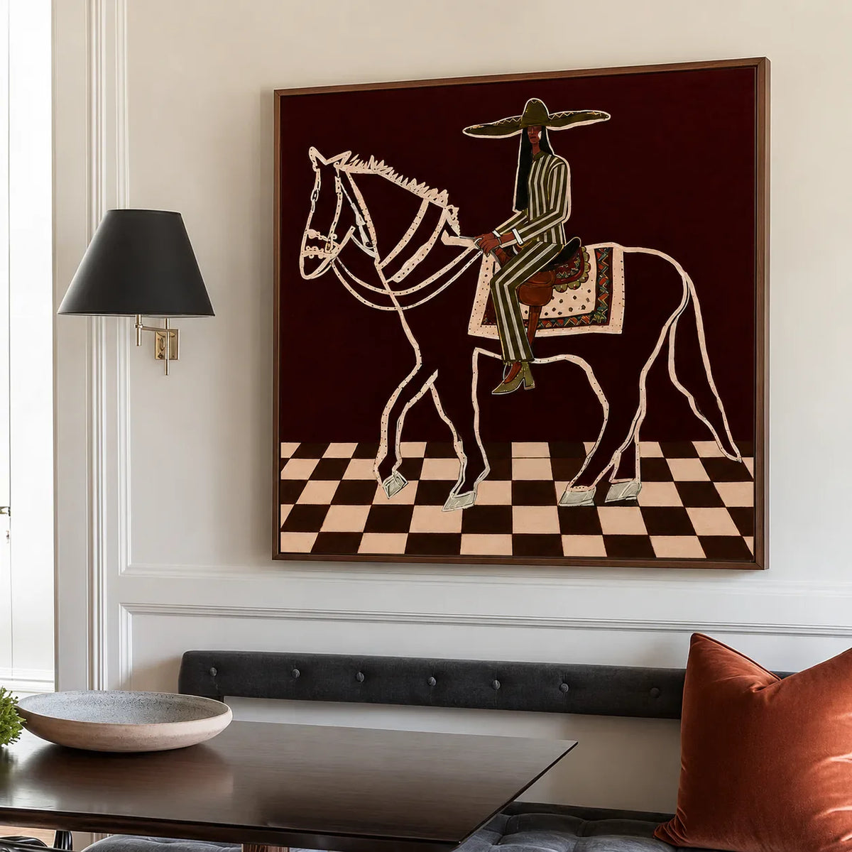 Checkered Trail Horse Rider Folk Wall Art styled interior scene 3 | Olyrel
