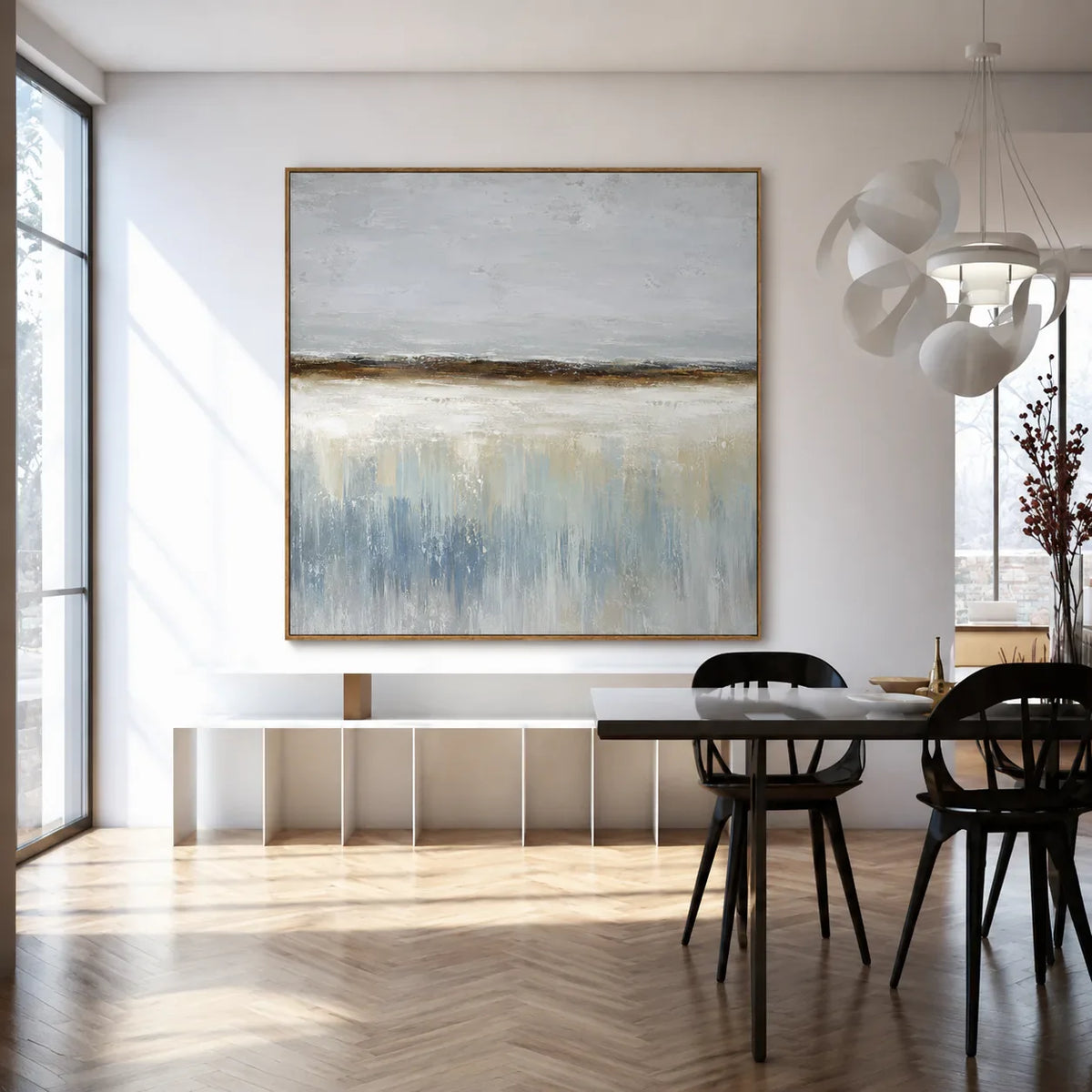 Misty Shoreline Blue Abstract Wall Art styled interior scene 1 | Olyrel