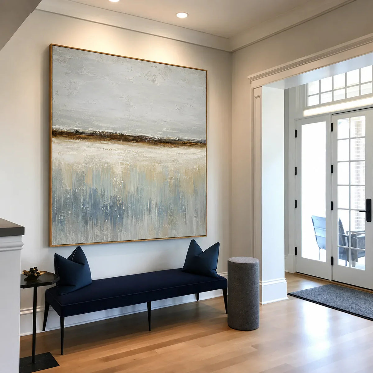 Misty Shoreline Blue Abstract Wall Art styled interior scene 2 | Olyrel