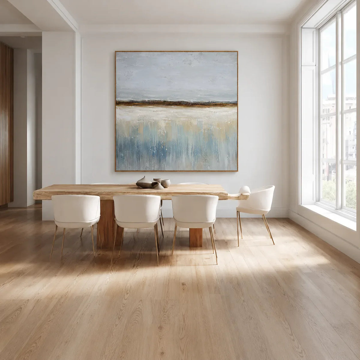 Misty Shoreline Blue Abstract Wall Art styled interior scene 3 | Olyrel