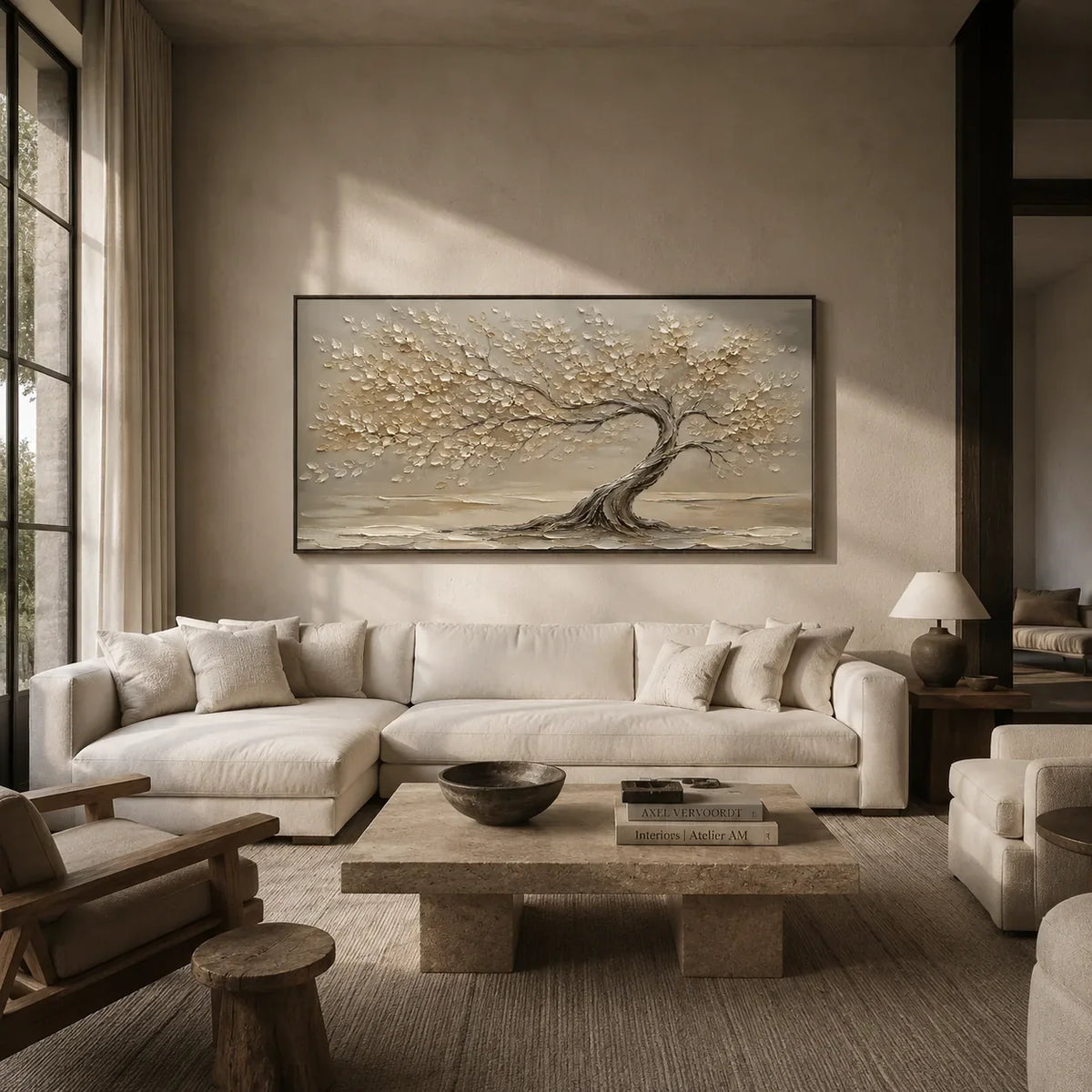 Windlit Tree Botanical Wall Art displayed above a sofa in a neutral interior | Olyrel