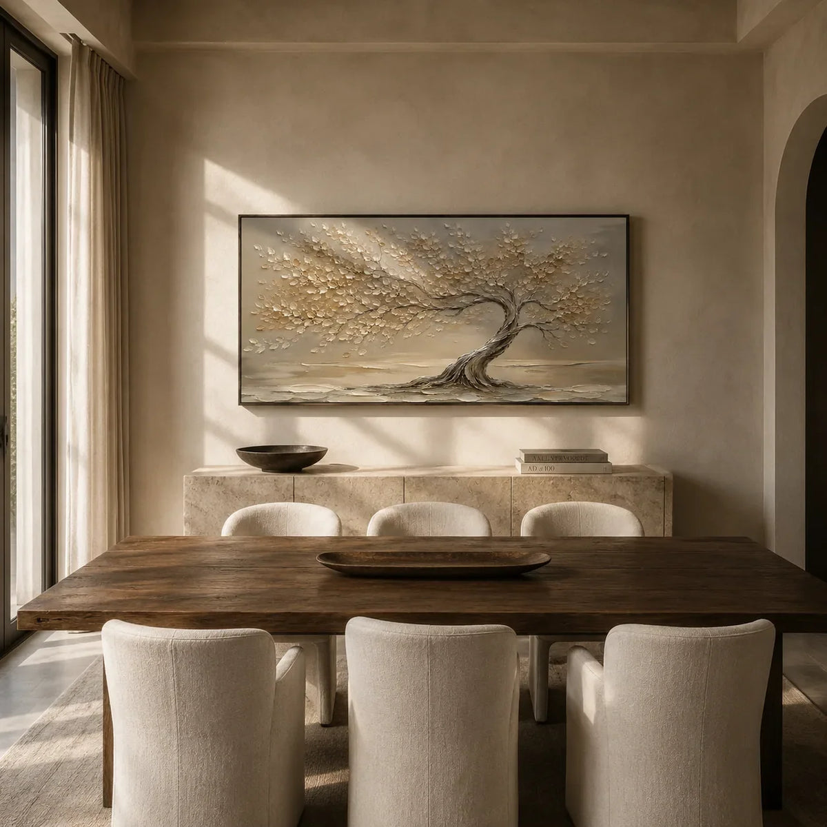 Windlit Tree Botanical Wall Art displayed in a bright dining room | Olyrel