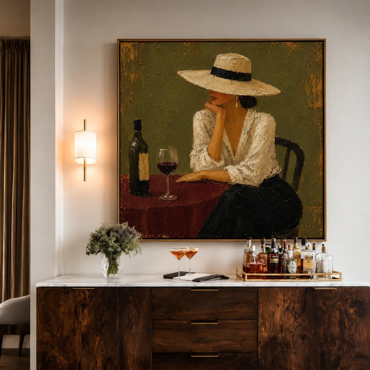 Evening at the Wine Table Figurative Wall Art styled interior scene 1 | Olyrel