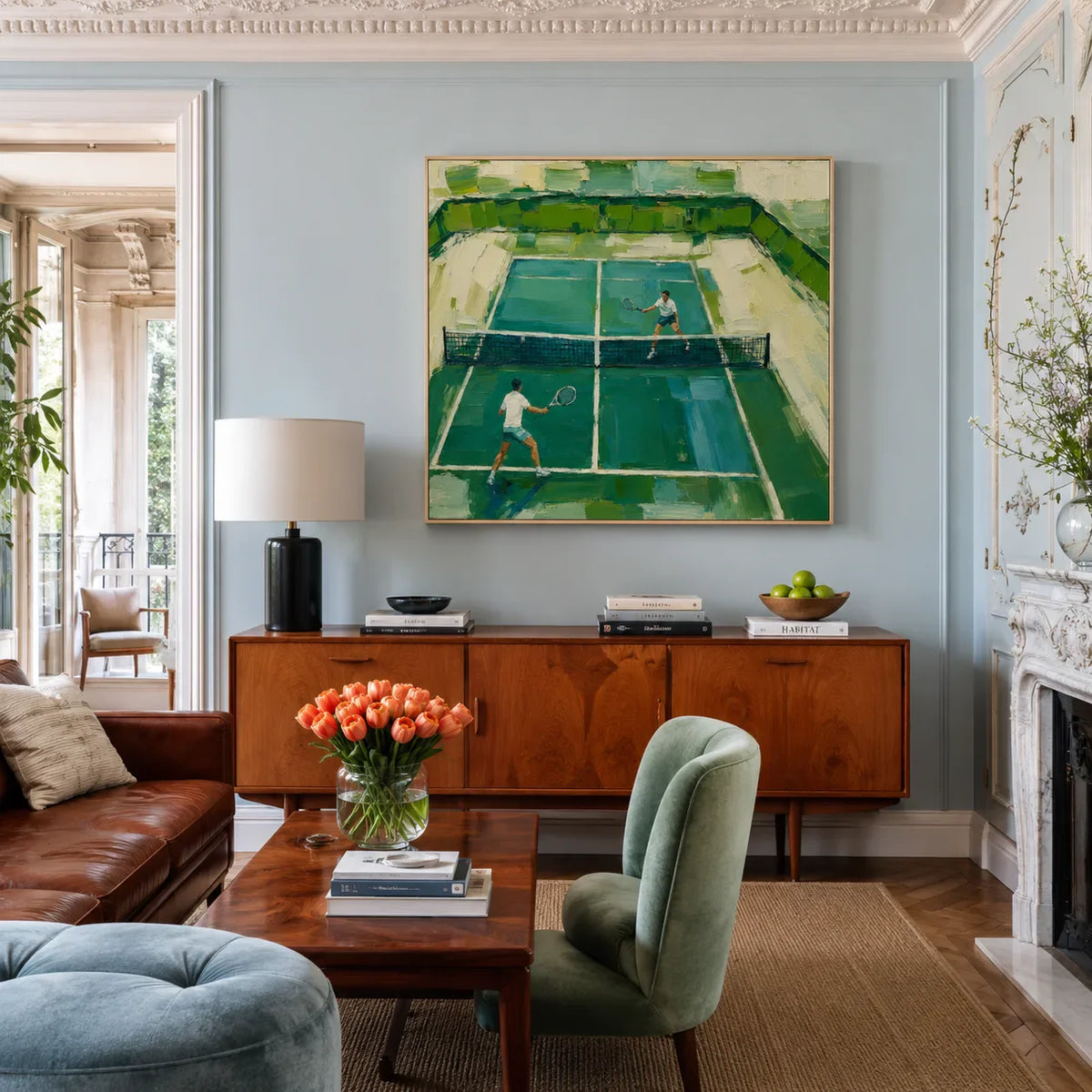 Sunlit Tennis Court Wall Art styled interior scene 2 | Olyrel