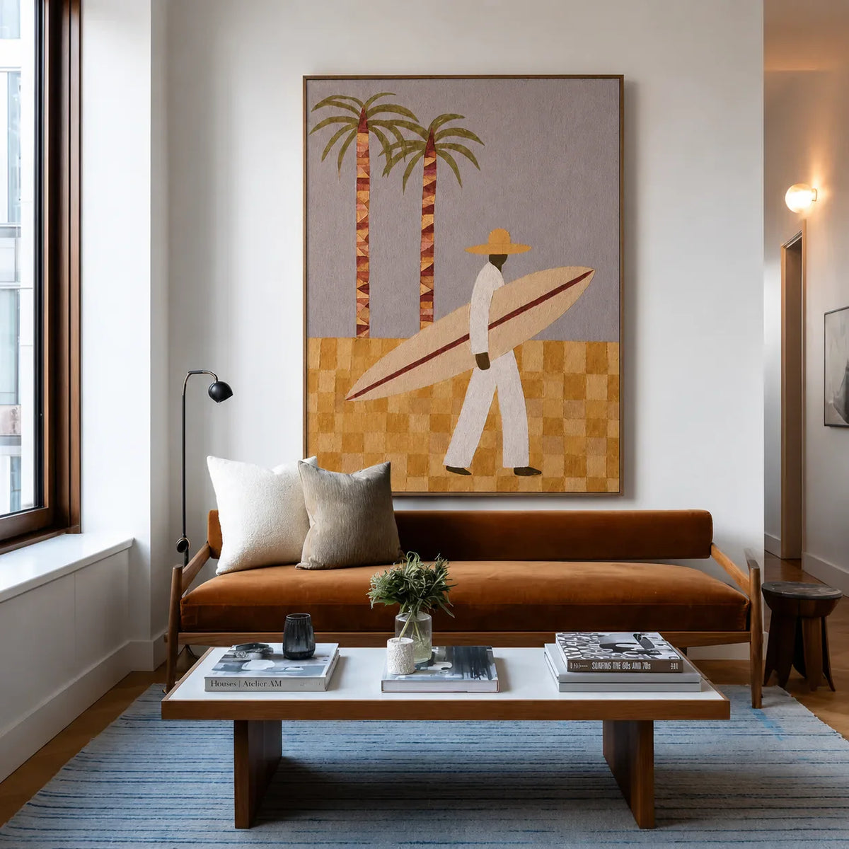 Palm Walk Surfer Wall Art styled interior scene 1 | Olyrel