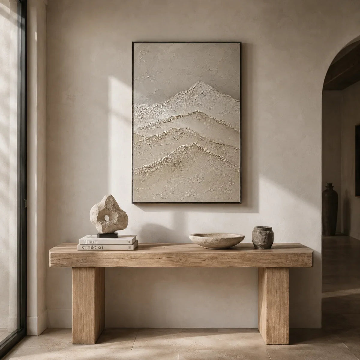 Quiet Ridge Textured Wall Art shown in a calm bedroom setting | Olyrel