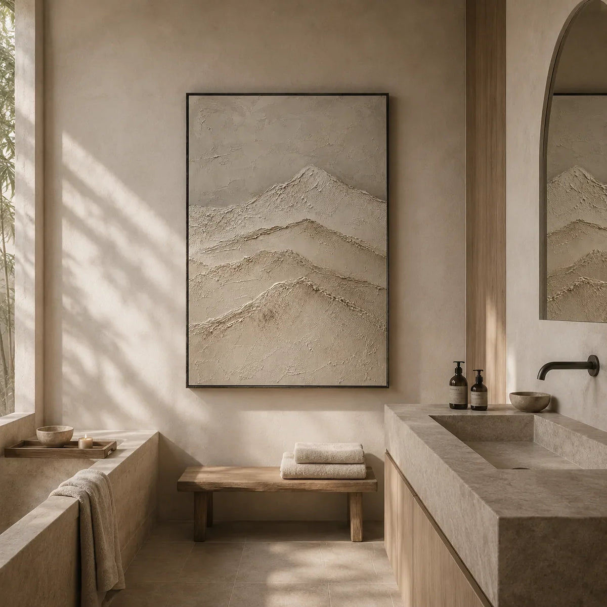 Quiet Ridge Textured Wall Art styled in a contemporary entryway | Olyrel