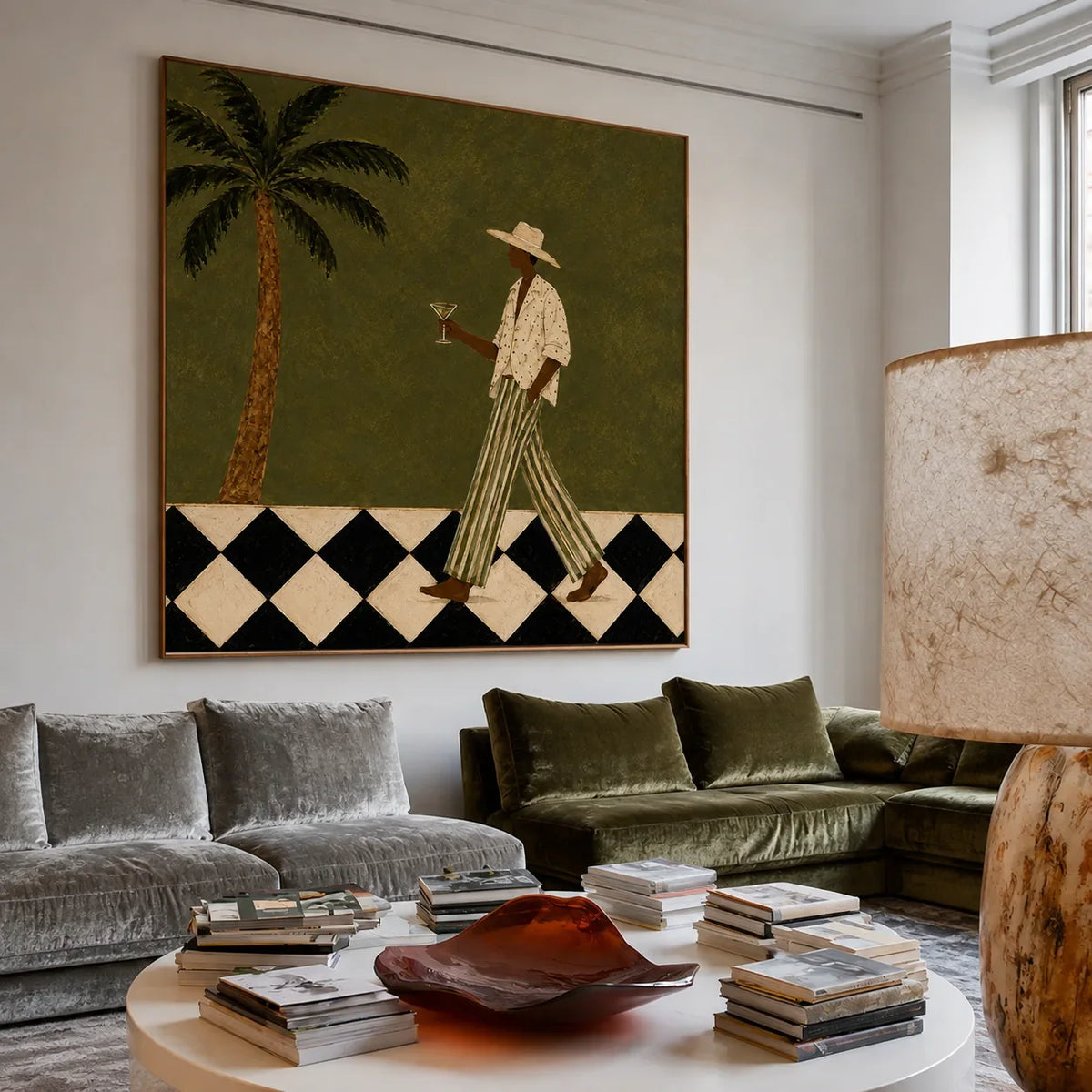 Palm Stroll and Checkered Floor Wall Art styled interior scene 1 | Olyrel